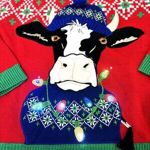 Holiday Time Men's Light Up Cow Ugly Christmas Sweater Large NWT